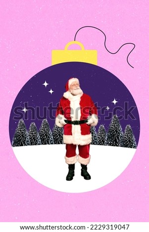 Vertical collage picture of fairy santa claus inside painted snowy forest tree bauble ball toy silhouette isolated on newyear background