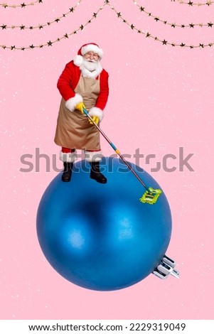 Vertical collage image of mini santa claus grandfather mopping big bauble ball toy isolated on creative pink background