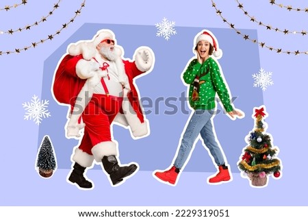 Creative collage picture of grandfather santa excited girl walking newyear shopping isolated on painted background