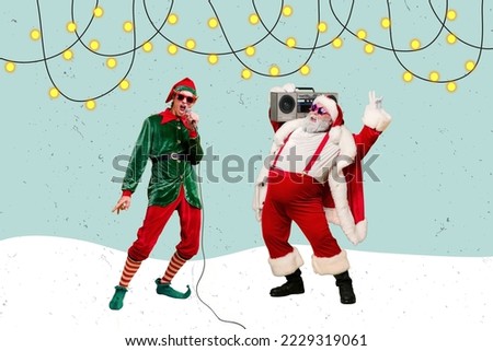 Creative collage picture of excited funky santa elf helper sing dance boombox music drawing garland illumination festive fairy