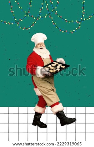 Vertical collage image of funky santa hold baked cookies tray walking isolated on creative painted festive background