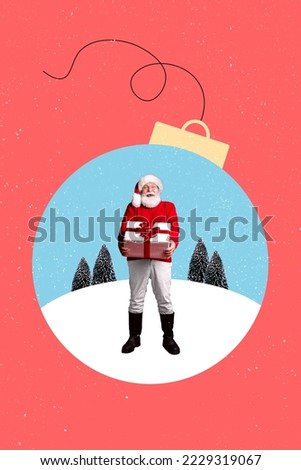 Vertical collage picture of excited cool santa claus hold pile stack giftbox isolated on painted bauble ball toy background