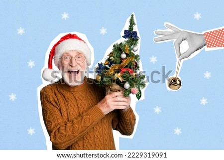 Creative photo 3d collage artwork poster postcard invitation card of positive pensioner hold new year tree isolated on painting background