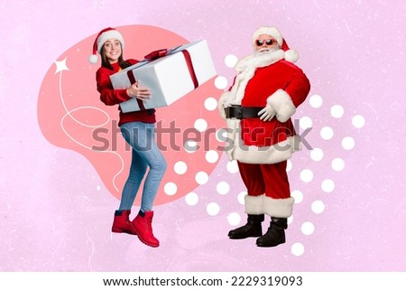 Creative photo 3d collage artwork poster postcard picture of santa claus present gift holiday good mood isolated on painting background
