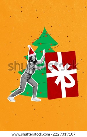Collage 3d image of pinup pop retro sketch of funny smiling lady packing huge xmas presents isolated painting background