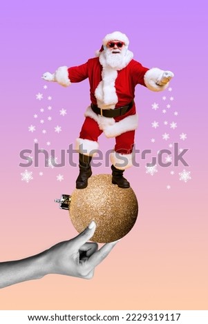 Vertical collage picture of arm fingers black white effect hold tree ball toy mini santa claus dancing drawing snowflakes isolated on creative background