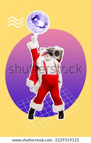 Vertical collage image of excited overjoyed santa carry boombox dance show v-sign disco ball isolated on creative background