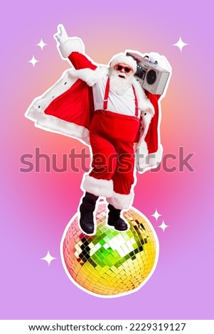Vertical collage picture of carefree funky aged santa stand big disco ball carry boombox point finger dance isolated on fairy drawing background