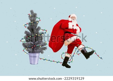 Creative photo 3d collage artwork poster postcard of funny funky santa claus carry bag full giftboxes isolated on painting background