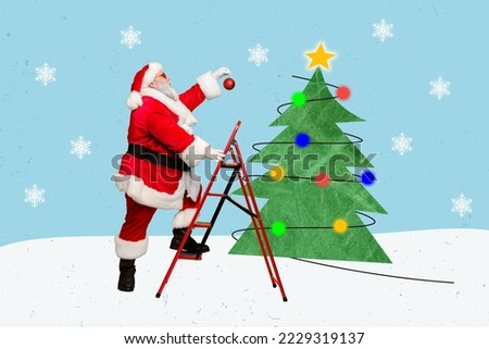 Creative collage image of santa claus grandfather climb ladder hold hang bauble ball toy tree isolated on winter background