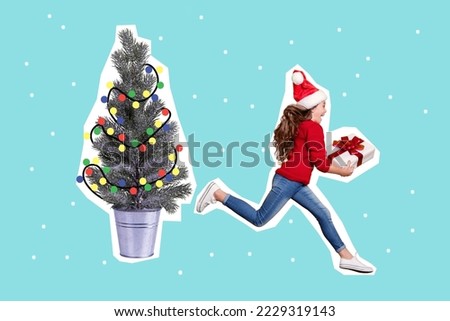 Creative collage illustration of excited funny girl hold newyear giftbox running decorated evergreen tree isolated on drawing background