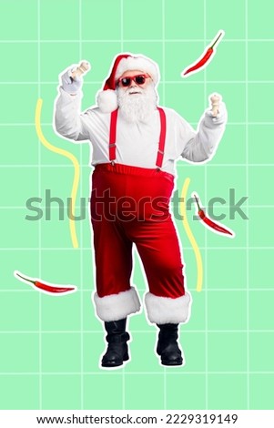 Vertical collage image of excited overjoyed santa claus arms hold pepper flying chili paprika dancing isolated on painted background