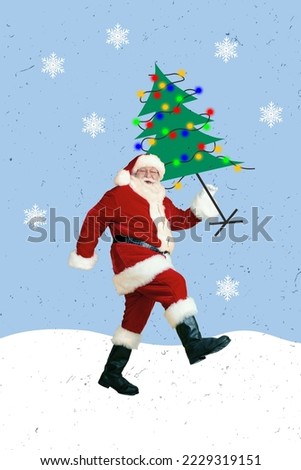 Creative photo 3d collage artwork poster postcard of santa claus carry new year tree preparing holiday isolated on painting background