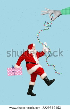 Creative photo 3d collage artwork poster postcard card of old man preparing holiday decor atmosphere isolated on painting background