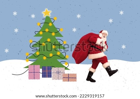 Creative photo 3d collage artwork poster postcard of cartoon person santa claus carry presents children isolated on painting background