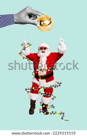 Vertical collage image of excited funky santa claus chill dancing big arm hold disco ball isolated on creative background