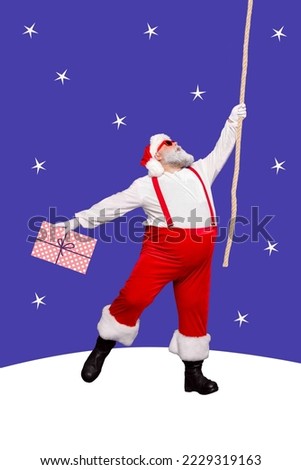 Vertical collage portrait of aged santa claus hand hold giftbox rope isolated on drawing night sky background