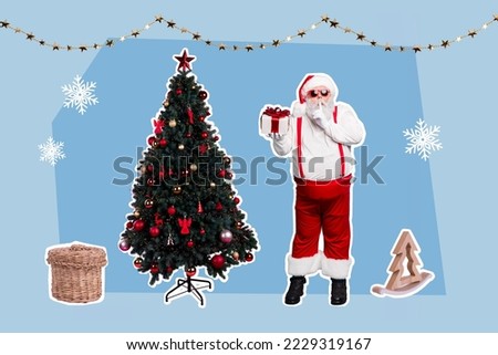 Creative photo 3d collage artwork poster postcard brochure of funny funky santa hold box shh stop talk isolated on painting background