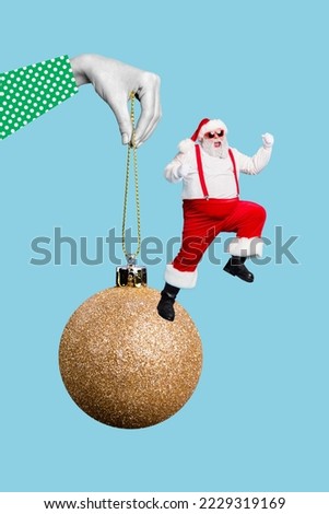 Creative photo 3d collage artwork poster postcard card of stylish santa claus big human arm hold ball isolated on painting background