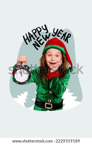 Artwork magazine picture of excited funny small santa assistant rising clock excites celebrating x-mas isolated drawing background