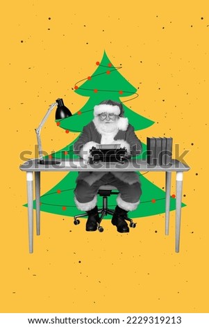 Creative 3d photo artwork graphics painting of smiling funny grandfather typing x-mas letters vintage typewriter isolated drawing background