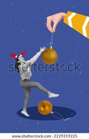 Exclusive magazine picture sketch image of excited funky santa assiastant catching big xmas bauble isolated painting background