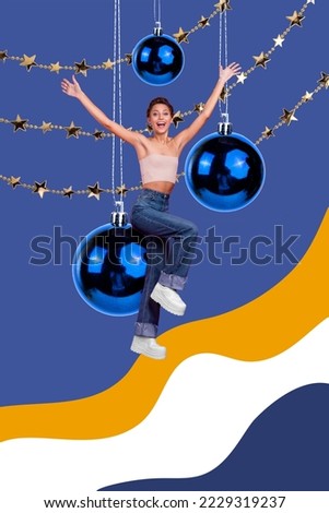 Photo artwork minimal picture of smiling funny lady enjoying x-mas party hanging balls isolated drawing background