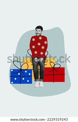 Collage 3d image of pinup pop retro sketch of happy smiling guy excited giving xmas presents isolated painting background