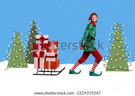 Collage portrait of positive cheerful elf guy pull sledge pile stack giftbox isolated on painted festive newyear background