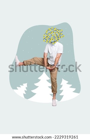 Collage artwork graphics picture of funky funny guy xmas illumination instead of head having fun isolated painting background