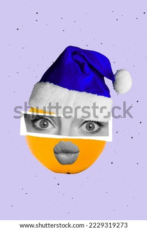 Artwork magazine picture of citrus funny lady eyes mask x-mas hat pouted plump lips isolated drawing background