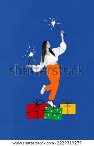 Creative abstract template graphics image of smiling funny lady enjoying x-mas bengal fires isolated drawing background