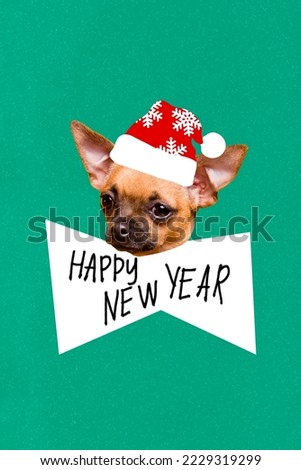 Creative 3d photo artwork graphics painting of funny doggy wear red hat happy new year x-mas invitations isolated drawing background