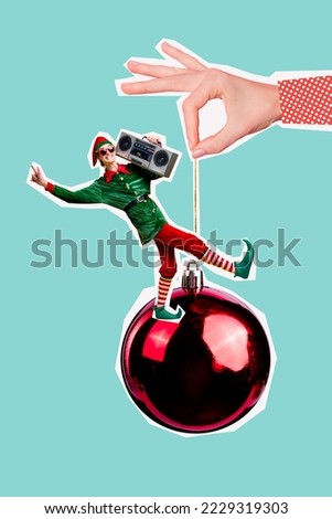 Vertical collage brochure of big hand fingers hold tree bauble toy mini elf guy hold boombox dance have fun isolated on creative background