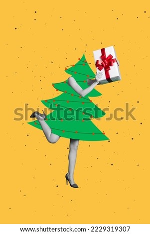 Creative abstract template graphics image of funny funky x-mas tree lady legs arms rising gifts isolated drawing background