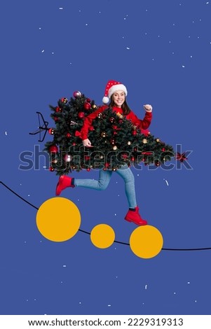 3d retro abstract creative artwork template collage of smiling funny lady running holding xmas tree isolated painting background
