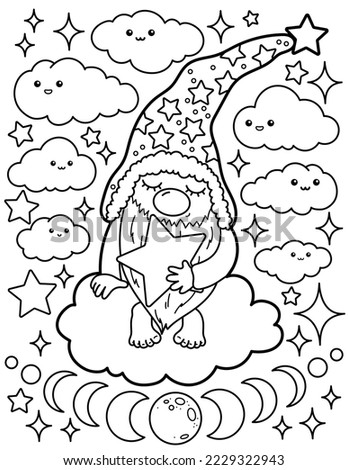Cute gnome with clouds. Coloring book for children. Gnome coloring book. Black and white vector illustration. Coloring book for children. Gnome coloring book. Black and white vector illustration.