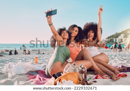 Phone, selfie and women friends on the beach with freedom on a summer adventure on vacation in Mexico. Travel, happiness and girls taking a picture on seaside holiday or journey by the ocean together