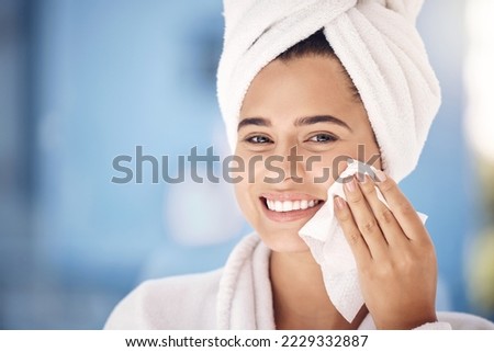 Spa, wipe and black woman smile, cosmetics and skincare for wellness, confident and body care. Portrait, young female and healthy girl remove makeup with cotton cloth, organic facial and smooth skin. Royalty-Free Stock Photo #2229332887