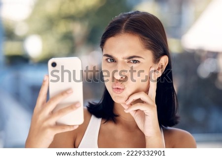 Woman, phone selfie and funny face, portrait and picture for online, social media or internet post in the morning in home. Gen z girl, picture and facial expression with 5g mobile smartphone in house