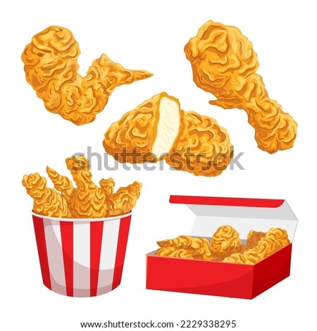 fried chicken food crispy set cartoon. bucket leg, hot restaurant, crunchy fast meal, wing meat, drumstick menu, delicious product, tasty fried chicken food crispy vector illustration Royalty-Free Stock Photo #2229338295