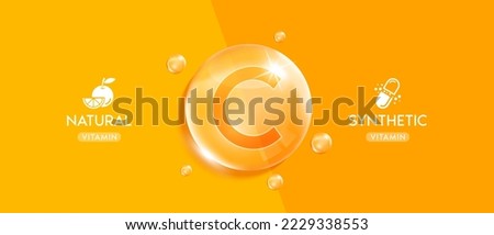 Synthetic and Natural vitamin C droplet. Banner design for ad dietary supplement, pharmacy or clinic. Vitamin minerals complex beauty skincare. Medical scientific concepts. Realistic 3D Vector. Royalty-Free Stock Photo #2229338553