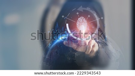 Fingerprint scanning, biometric authentication, cybersecurity and fingerprint password, future technology and cybernetic.  E-kyc (electronic know your customer), technology against digital cyber crime Royalty-Free Stock Photo #2229343543