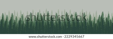 Panorama of dense forest, fir and pine natural green landscape, web background, template - Vector illustration Royalty-Free Stock Photo #2229345667