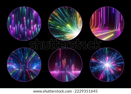 Collection of round stickers with abstract colorful neon lines. Clip art isolated on black background