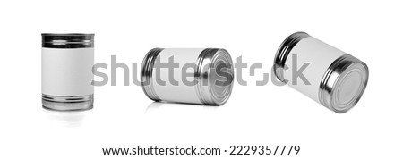 Tin Can Isolated, Preserve Template Mockup with Blank Label, Metal Milk Package, Aluminum Cylindrical Container, Tin Can on White Background Royalty-Free Stock Photo #2229357779