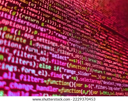Software developer screen background- source code script. Software development. Software Programming Work Time. Abstract IT technology background. Hacker breaching net security. Computer script