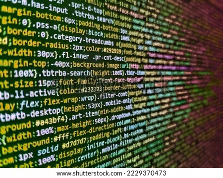 HTML code on laptop screen. Notebook closeup photo. Project managers work new idea. Developing HTML and technology. Monitor closeup of function source code. Server logs analysis. IT business