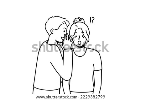 Young man whisper secret to stunned woman ear. Male tell secret hidden information to astonished female. Secrecy and gossip. Vector illustration.  Royalty-Free Stock Photo #2229382799