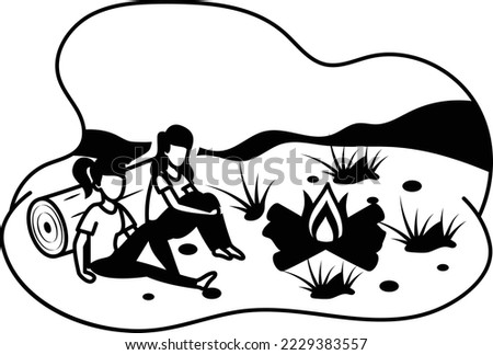 Tourists resting in campsite near campfire Concept,Friends together sitting near bonfire vector icon design, Outdoor weekend Activity symbol, Tourist Holiday Scene Sign, Relaxing people Vacation stock
